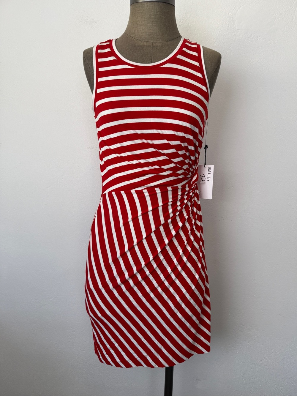 NWT Bailey 44 Size S Red White Nicole Stripe Ruched Sleeveless Dress